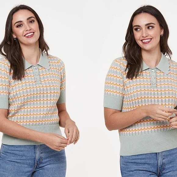 Joanie Clothing Verity Knitted Stripe Polo Top. - Picture 1 of 6